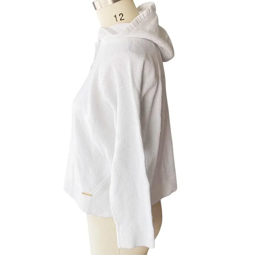 MICHAEL KORS White Cotton Waffle Knit Pullover Hoodie Sweatshirt ~ Women's XL